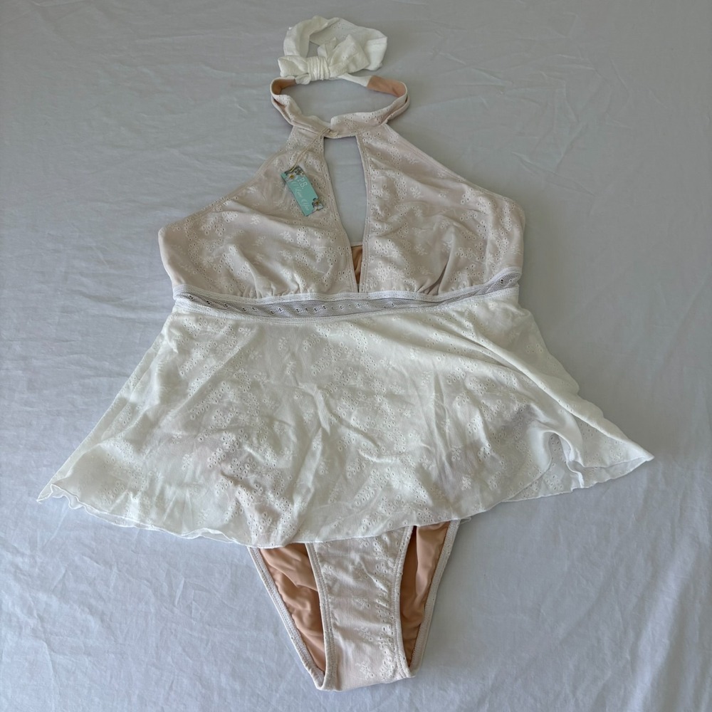 NWT P.S. I Love You Womens‎ White Lined Eyelet Halter Tankini Swimsuit Size 2XL